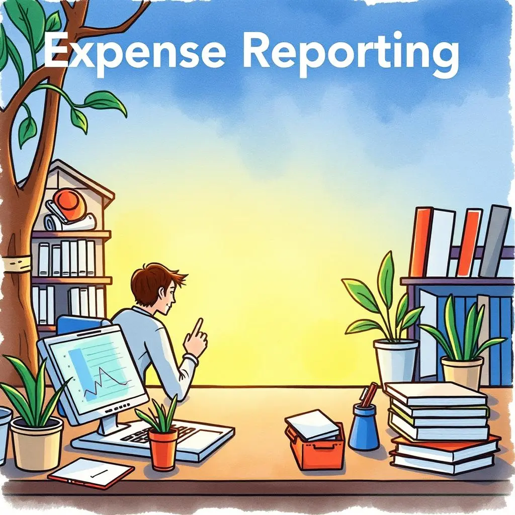 A person analyzing expense reports at a desk with plants.