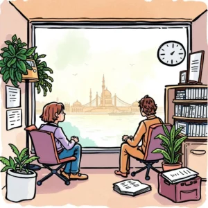 Two colleagues overlooking a cityscape, reflecting on expense reporting.