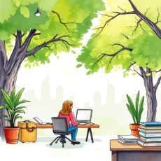 A professional woman working on a laptop in a serene outdoor setting with trees and city skyline.