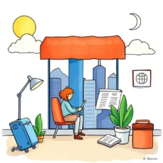 A person using a tablet to calculate travel expenses in a bright office setting with city views