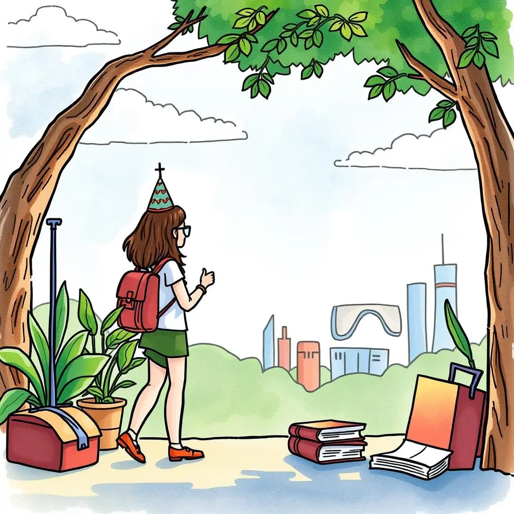 Travel expense comparator: Compare travel expenses efficiently 1 Person walking towards a city skyline with travel luggage and books nearby.