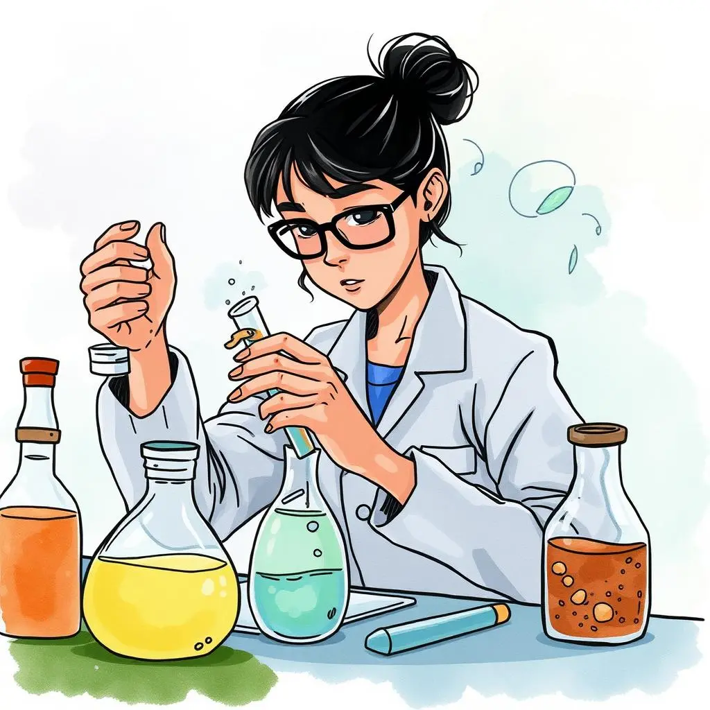 Experiment summary outliner: Outline main points from detailed research findings 1 Scientist conducting experiments with colorful solutions in laboratory.
