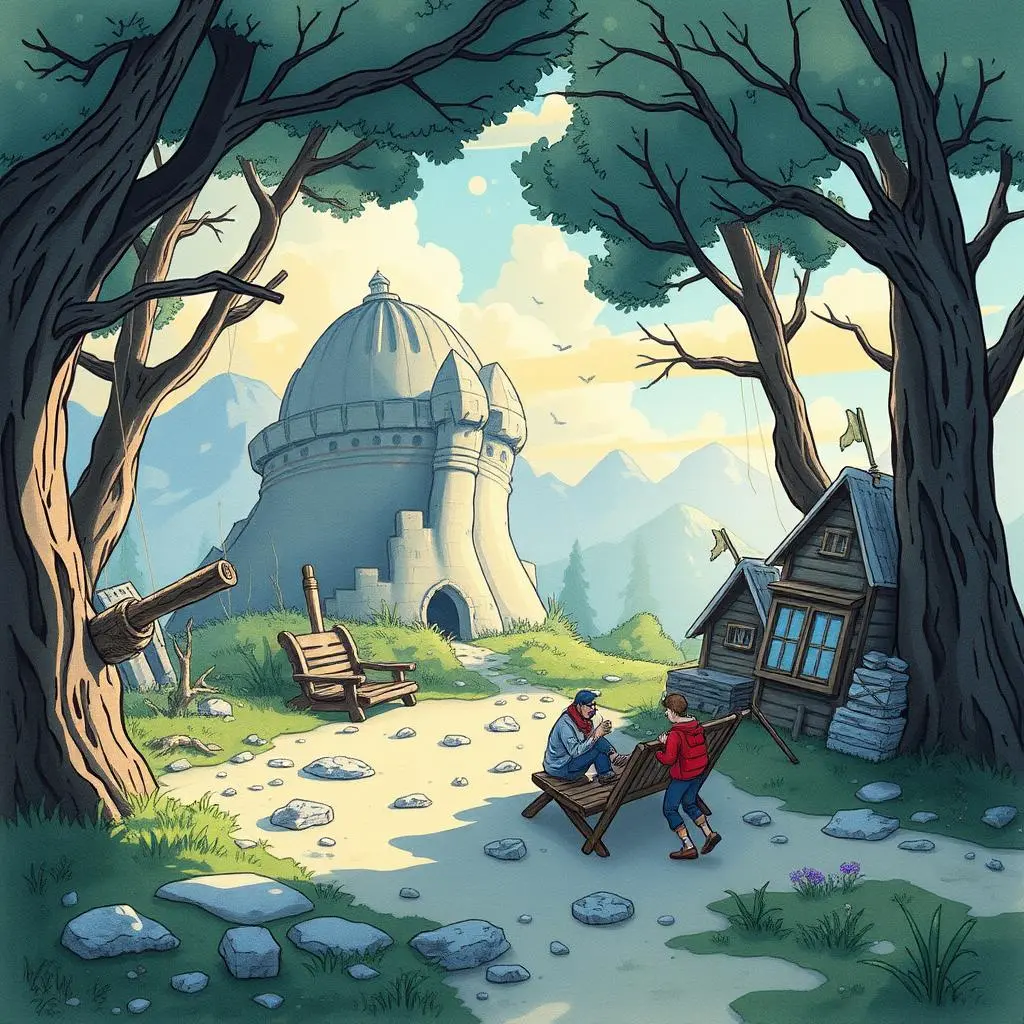 Citation formatter: Create citations in various styles for references 1 A serene landscape featuring two individuals discussing near a wooden structure and a castle-like building.