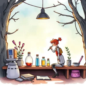 Girl analyzing colorful liquids and notes in a cozy lab setting.