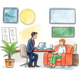 A professional meeting between two individuals discussing an action plan in a modern office setting
