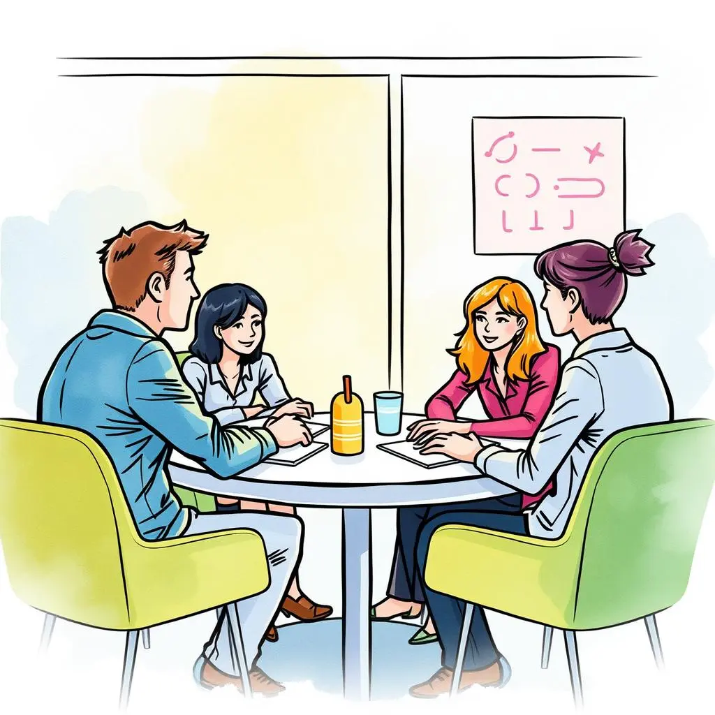 Feedback loop summary tool: Generate feedback summaries from partner interactions 1 A group of professionals discussing strategies at a round table meeting in an office setting.