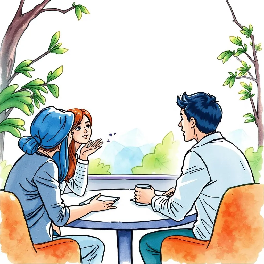 Partnership review summarizer: Summarize insights for regular partnership reviews 1 Three professionals discussing insights at an outdoor table surrounded by greenery.