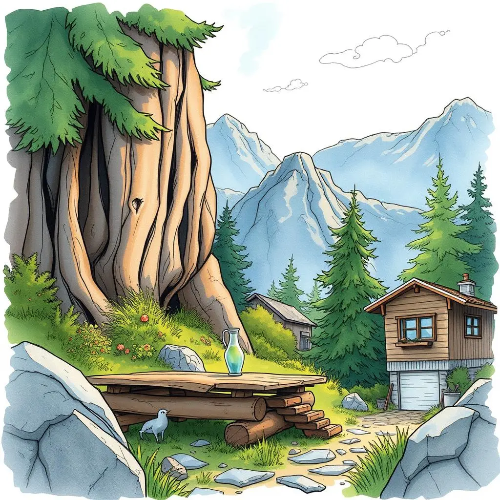 A serene landscape featuring a cozy cabin, large tree, and mountains, symbolizing research and nature.