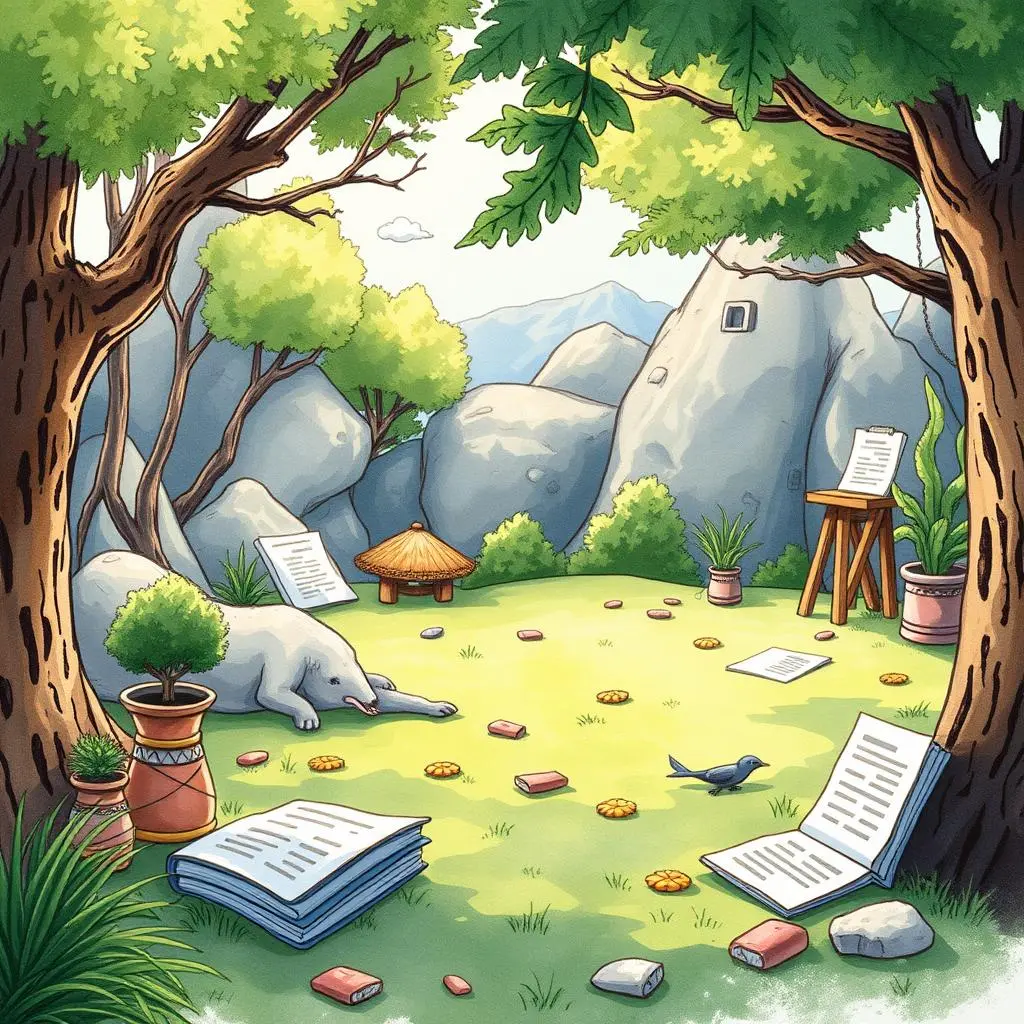 A serene outdoor reading area featuring books and a peaceful setting, ideal for literature summarization.