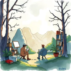 Two researchers discussing methodologies in a scenic outdoor setting.