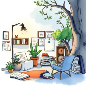 A cozy workspace featuring a plant, books, and a lamp, ideal for a Reference Organizer tool.