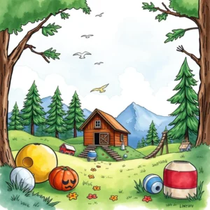 A serene landscape featuring a cozy cabin surrounded by trees and playful objects on a sunny day