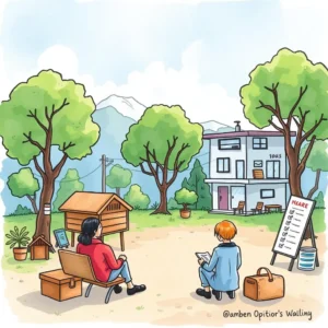 Feedback gatherer: Collect and summarize stakeholder opinions 6 A serene outdoor setting with two individuals engaged in a feedback gathering activity among trees.
