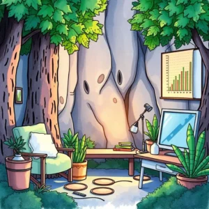 A cozy workspace surrounded by trees, featuring a desk, computer, and charts for data analysis tasks.