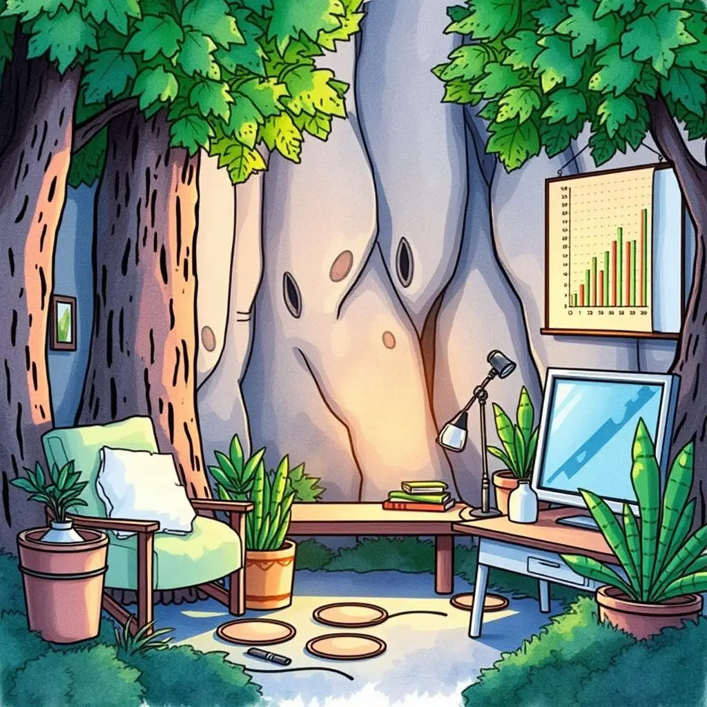 Input analysis assistant: Analyze preliminary data for feasibility studies 1 A cozy workspace surrounded by trees, featuring a desk, computer, and charts for data analysis tasks.
