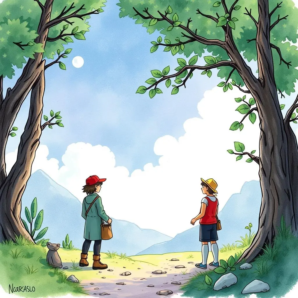 Two characters on a forest path, exploring ahead under a bright sky.