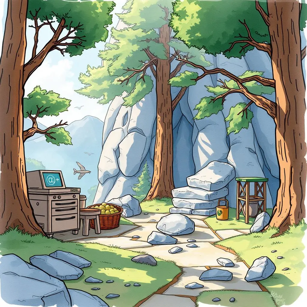 Feature resampling tool: Generate variations of feature sets for testing 1 A serene outdoor setting featuring a computer workstation among trees and rocks