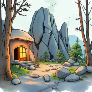 Statistical feature generator: Create features from input data text 4 A cozy cottage nestled among tall rocks, surrounded by trees and a pathway in a serene landscape.
