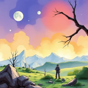 Textual feature constructor: Develop features based on textual data inputs 2 A person stands on a hillside, gazing at a colorful sky with multiple celestial bodies in view.