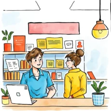 A friendly customer service interaction capturing a professional inquiring about feedback resolution.