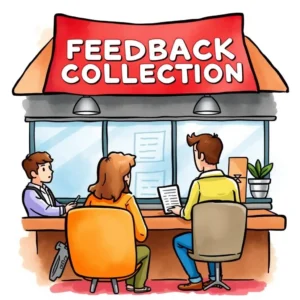 Feedback adaptation tool: Tailor business strategies using customer insights 5 Customers interacting at a feedback collection desk to improve business strategies.