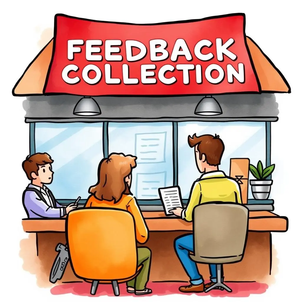 Feedback adaptation tool: Tailor business strategies using customer insights 1 Customers interacting at a feedback collection desk to improve business strategies.