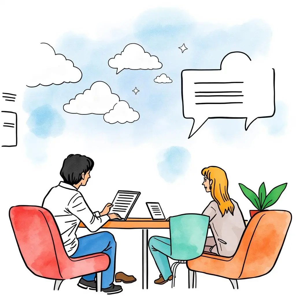 Feedback message optimizer: Enhance feedback communication for stakeholder clarity 1 Two professionals engage in feedback management, discussing insights to enhance stakeholder clarity.