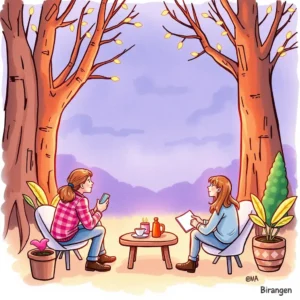 Two women communicating in a cozy outdoor setting with coffee and notes.