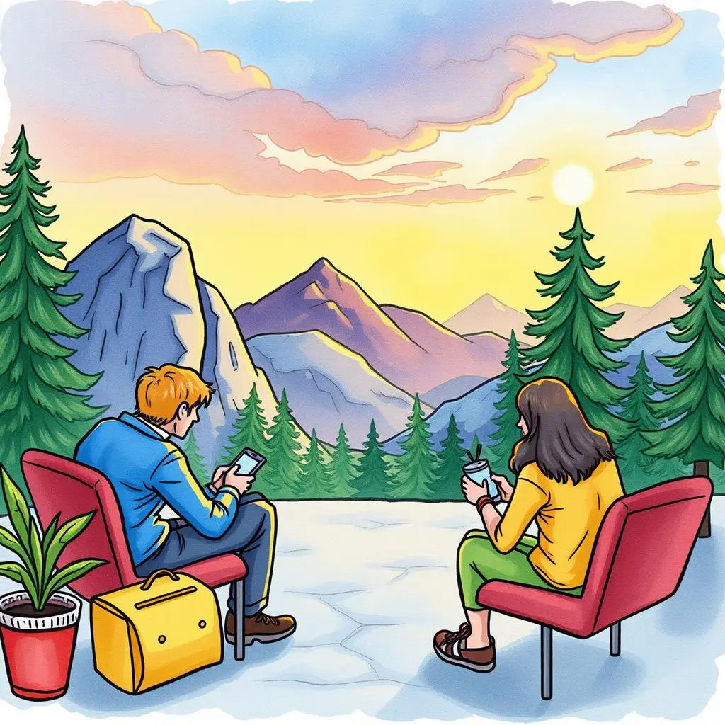 Investor response formatter: Structure feedback responses for stakeholder collaboration 1 Two individuals collaborating outdoors, using devices to provide feedback amid scenic mountains.