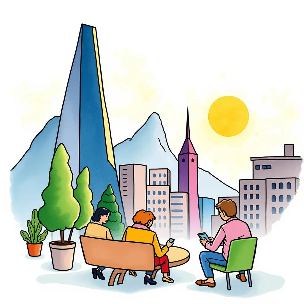 Professionals discussing insights with a city skyline and mountains backdrop.
