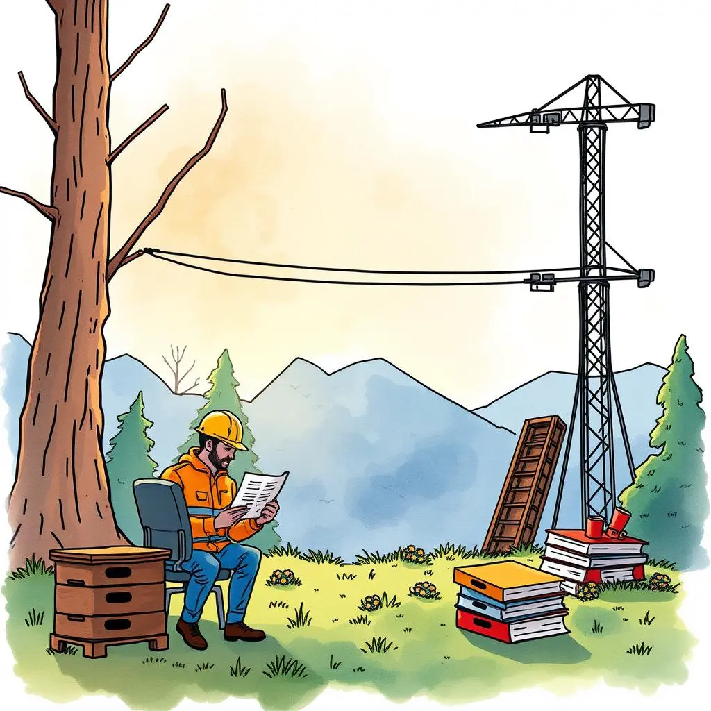 Audit report generator: Automate creation of detailed audit reports 1 Worker reading documents near construction site and power lines.