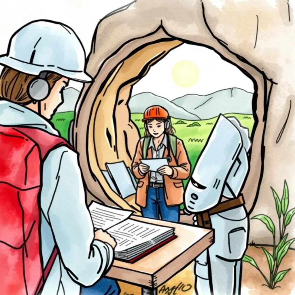 Fieldwork summary creator: Summarize findings for audit fieldwork 1 Professionals summarizing findings in an outdoor audit scenario.