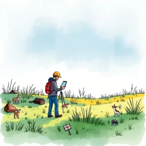 Person using a tablet in a field, documenting audit activities outdoors.