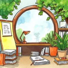 Cozy office space with organized documents and green plants.