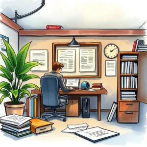 An executive assistant updating documents in a well-organized office space.