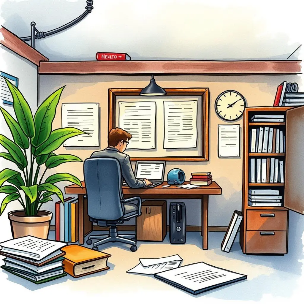 Information refresh tool: Revitalize outdated information efficiently 1 An executive assistant updating documents in a well-organized office space.