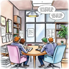 Efficient meeting room scene with three professionals reviewing notes and collaborating on discussions