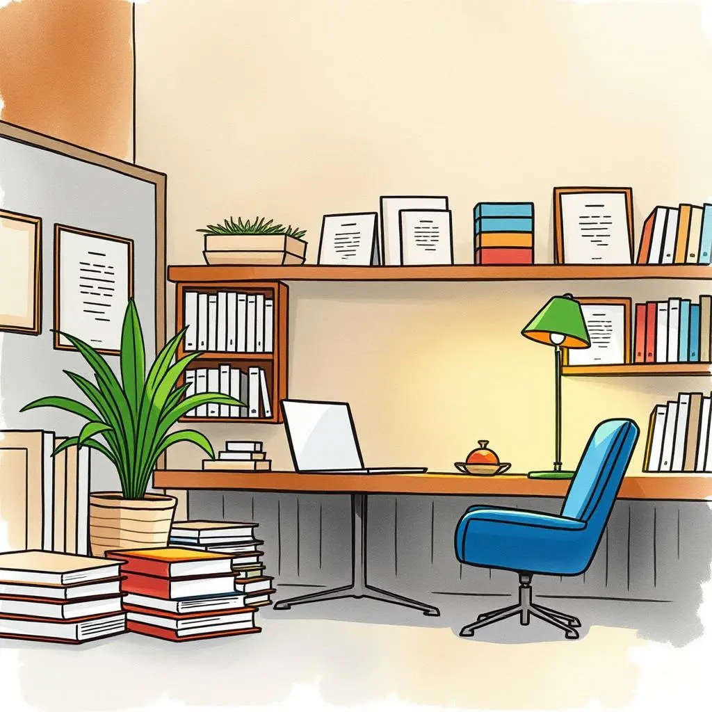 Update notifier: Notify changes in records instantly 1 A modern office setup featuring a desk, laptop, and bookshelves, ideal for filing records.