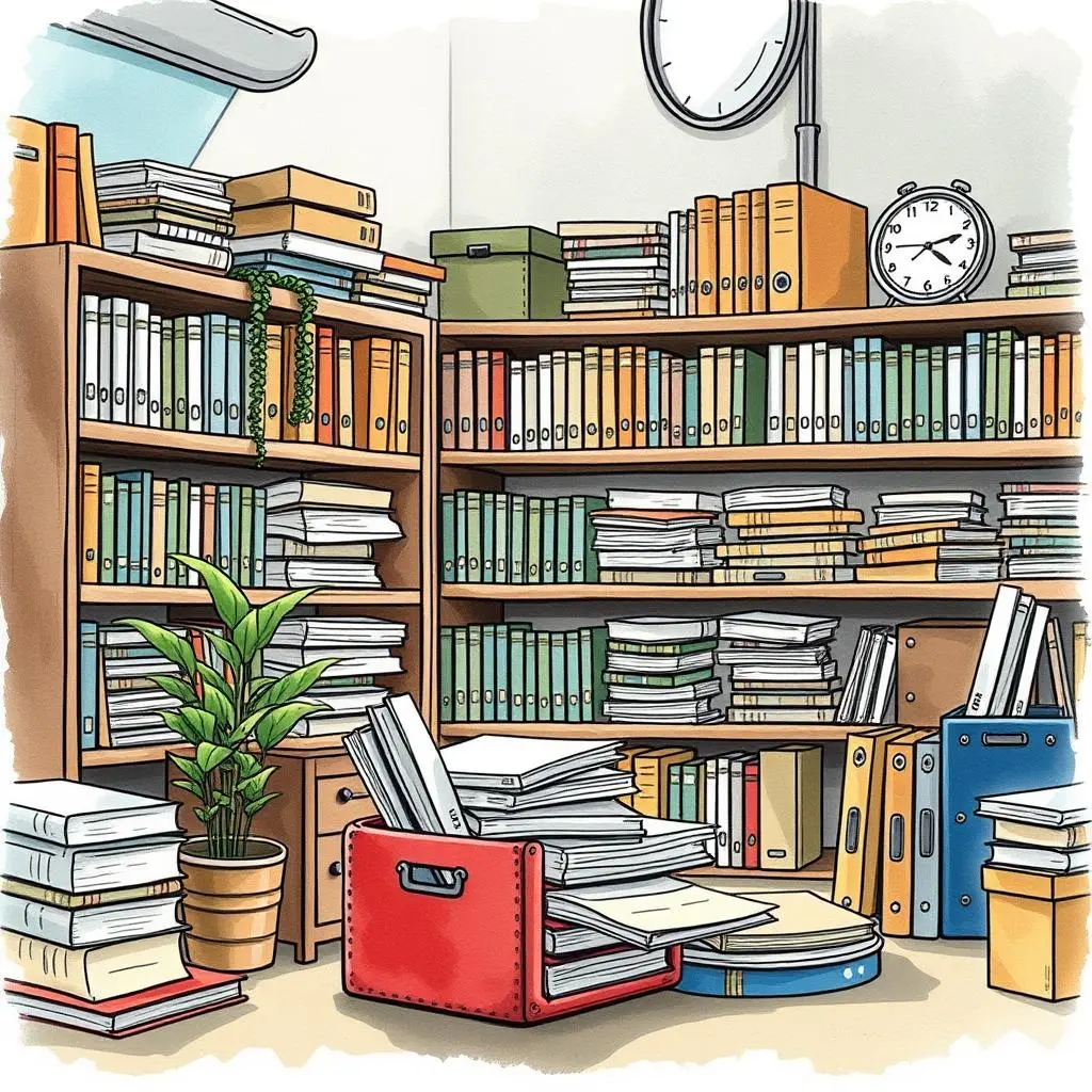 Archive manager ai: Create organized archives for easy access 1 Colorful library with organized shelves, books, and filing systems.