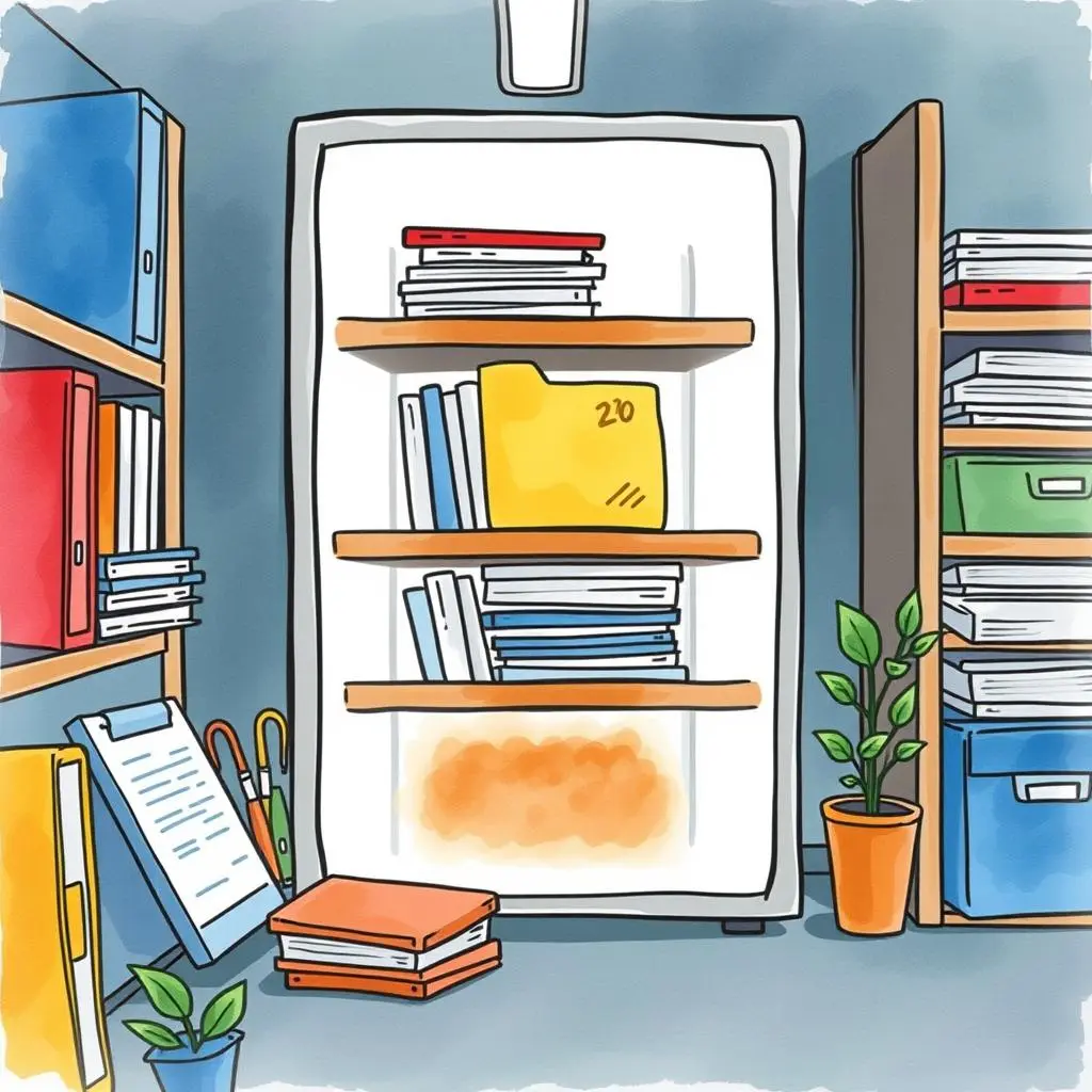 Colorful digital filing system with organized shelves and folders.