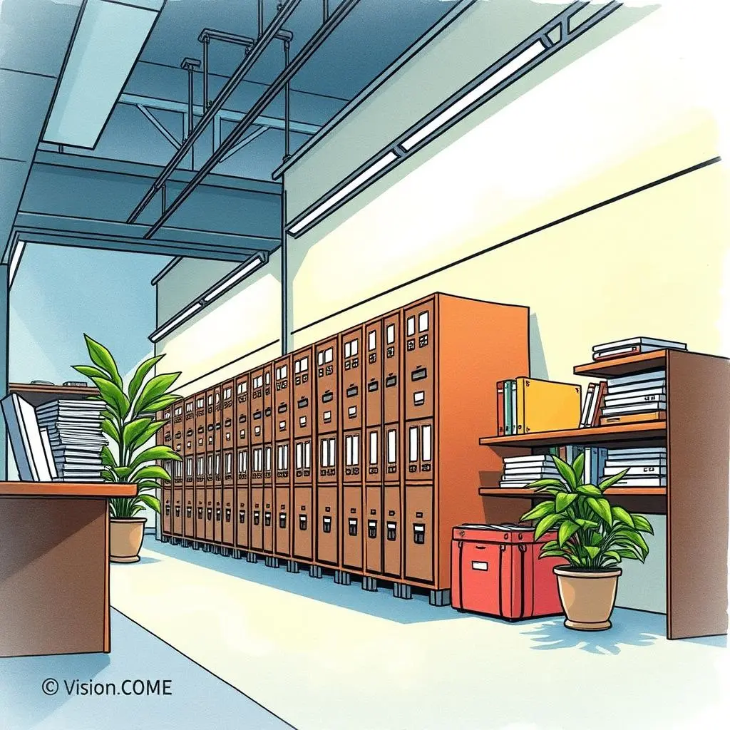 Filing system blueprint: Generate detailed filing system plans 1 Filing system storage with cabinets and organized materials in an office environment