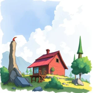 A red cabin surrounded by greenery, rocks, and a bird perched on a tall stone.