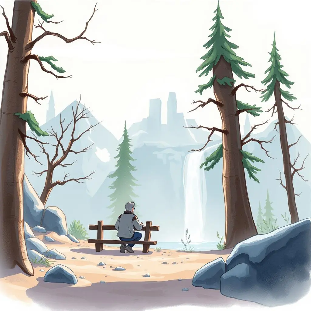 Final production readiness evaluator: Assess designs for production readiness 1 A person sitting on a bench by a serene lake, surrounded by trees and mountains in a calm landscape.