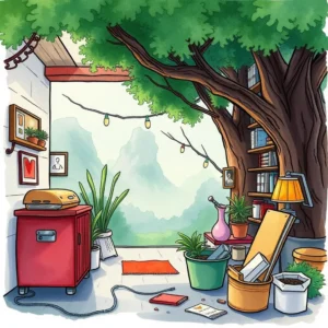 Cozy workspace under a tree, perfect for analyzing production risks.