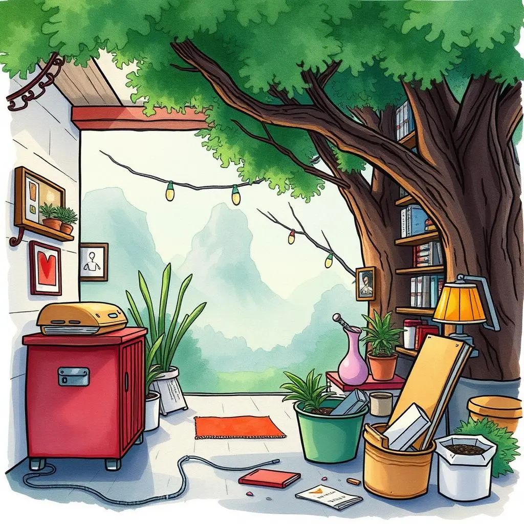 Risk assessment tool: Analyze risks in the finalization process 1 Cozy workspace under a tree, perfect for analyzing production risks.