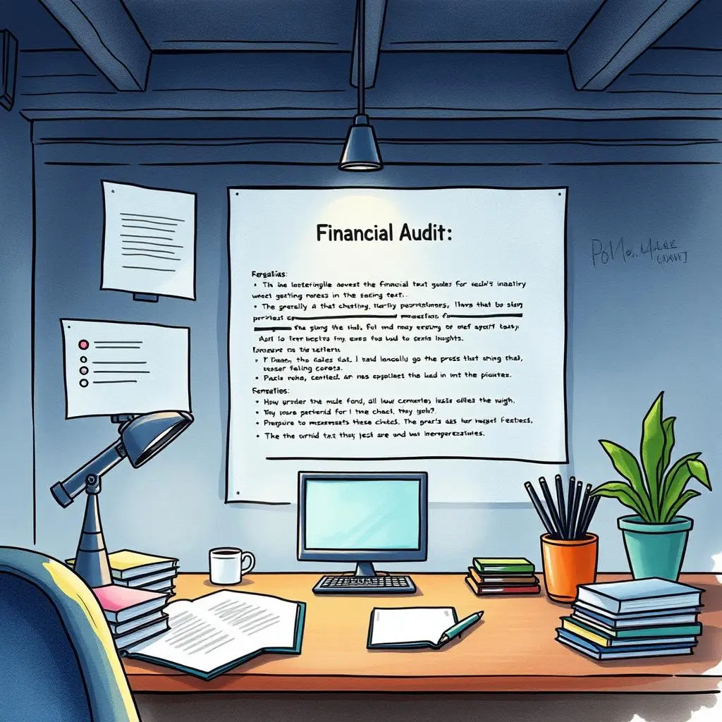 A workspace featuring a computer and documents related to a financial audit process