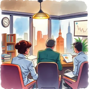 Fraud risk narrative evaluator: Analyze narratives for signs of financial fraud 3 Professionals analyzing financial data with a city skyline backdrop.