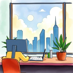 Budget understanding enhancer: Simplify and clarify budget interpretation 7 A person using a laptop and viewing a city skyline from a bright office window.