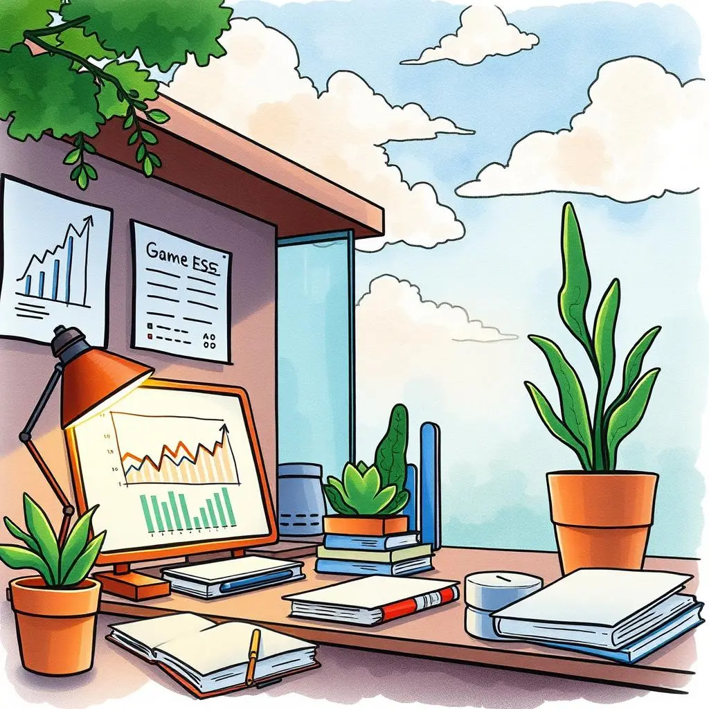 A modern workspace with financial graphs and plants for analysis.