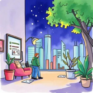 A financial analyst contemplating risk assessment in an urban landscape.
